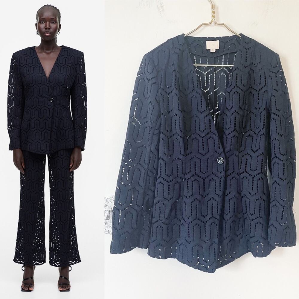 H&M Navy Crochet Lace Open Weave Structured Wrap Blazer S